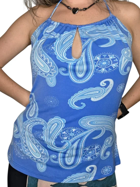 Y2K Blue Paisley Halter Top w/ Keyhole Detail Size Medium - Picture 1 of 8
